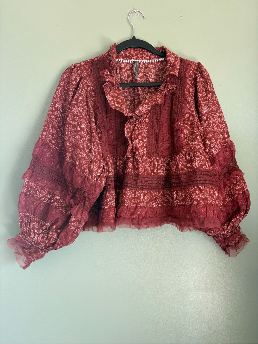 Anthropologie Wine Red Floral Ruffled Peasant Blouse